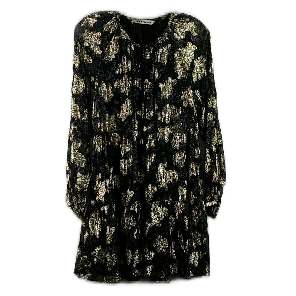 Zara - Long Sleeve Metallic Gold/Black Baby Doll Dress - Size XS
